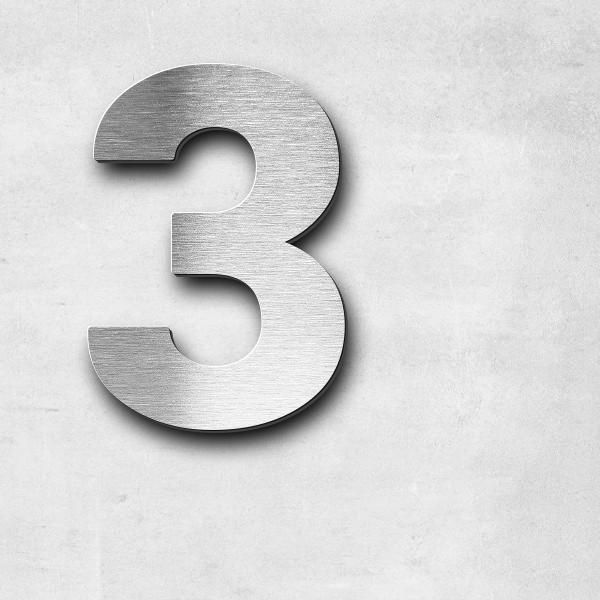 Schriftzug "3" in Schriftart "Sans", Edelstahl V2A gebürstet - hochwertig & wetterbeständig