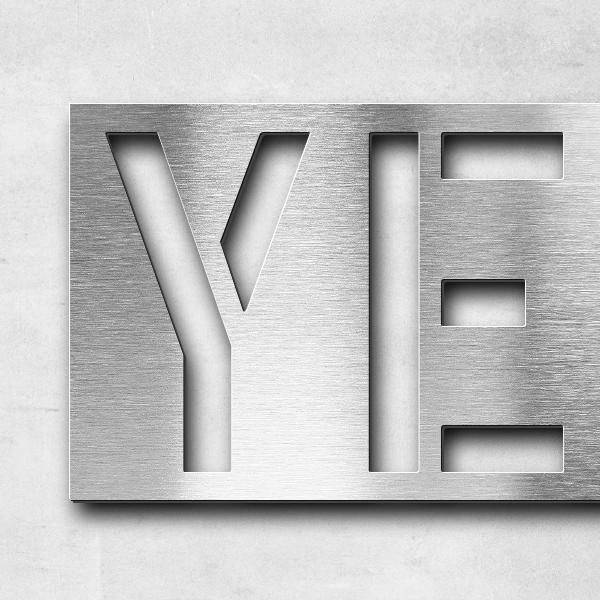 Schriftzug "YEAH BUDDY!" in Schriftart "Blash", Edelstahl V2A gebürstet - hochwertig & wetterbeständ