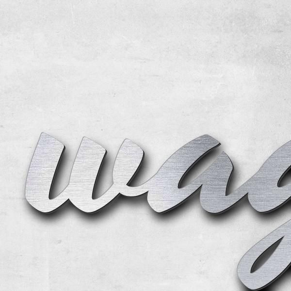 Schriftzug "wagen" in Schriftart "Retroracer", Acryl-Kunststoff in Edelstahl-Optik gebürstet - hochw