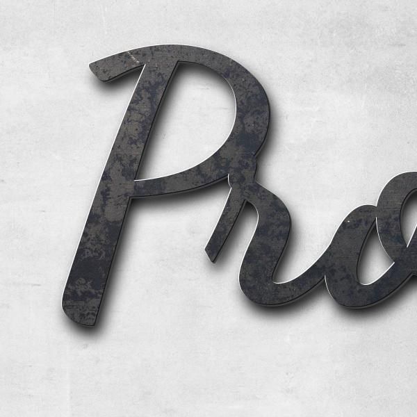 Schriftzug "Produits Artisanaux" in Schriftart "Filigrano", Cortenstahl unbehandelt - hochwertig & w