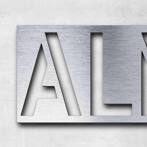 Schriftzug "Alma Balko" in Schriftart "Blash", Acryl-Kunststoff in Edelstahl-Optik gebürstet - hochw