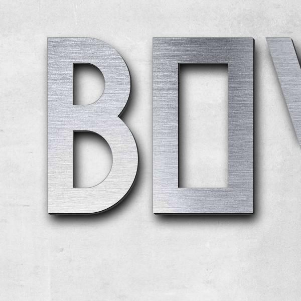 Schriftzug "B&W Martin" in Schriftart "Style 25", Acryl-Kunststoff in Edelstahl-Optik gebürstet - ho