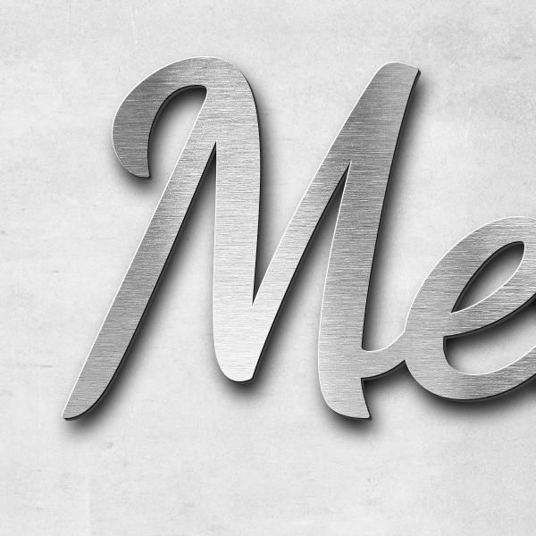 Schriftzug "Mertin" in Schriftart "Filigrano", Edelstahl V2A gebürstet - hochwertig & wetterbeständi