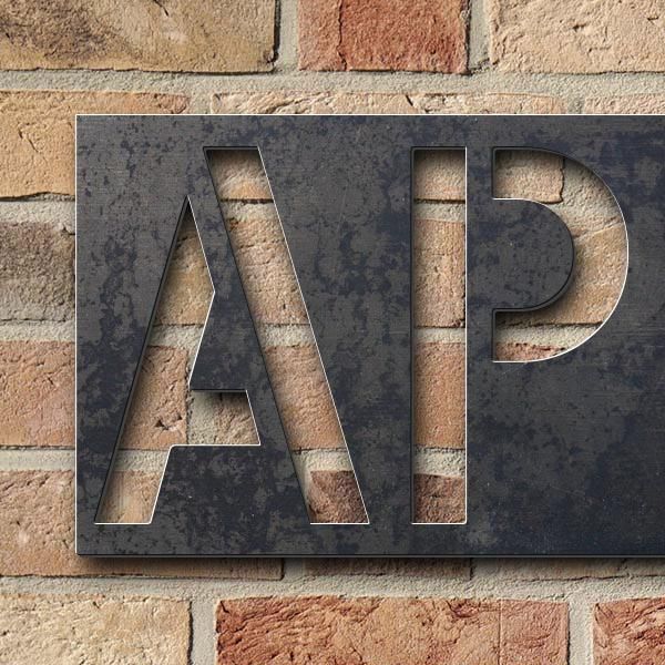 Schriftzug "APFELGLÜHEN" in Schriftart "Blash", Cortenstahl unbehandelt - hochwertig & wetterbeständ