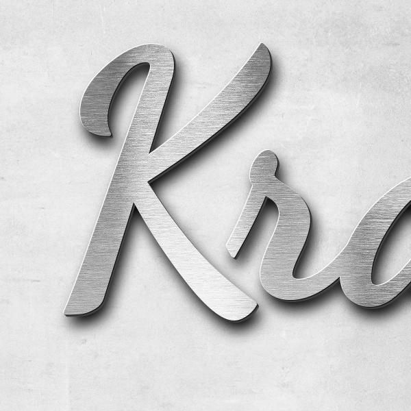 Schriftzug "Kramer" in Schriftart "Filigrano", Edelstahl V2A gebürstet - hochwertig & wetterbeständi
