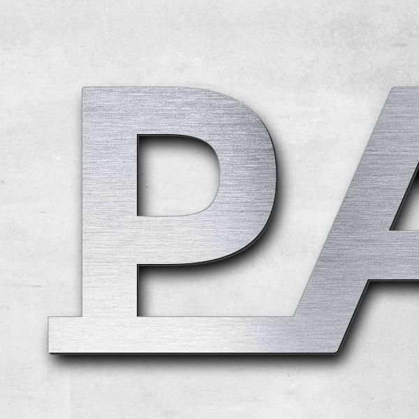 Schriftzug "partymeile@" in Schriftart "Baseline", Acryl-Kunststoff in Edelstahl-Optik gebürstet - h