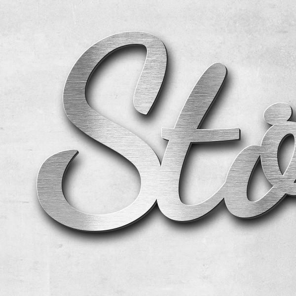 Schriftzug "Stöckert" in Schriftart "Filigrano", Edelstahl V4A gebürstet - hochwertig & wetterbestän