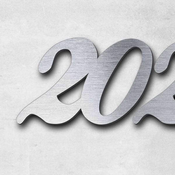 Schriftzug "2023" in Schriftart "Ballpark", Acryl-Kunststoff in Edelstahl-Optik gebürstet - hochwert