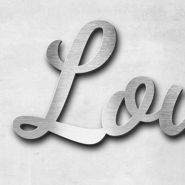 Schriftzug "Lounge" in Schriftart "Filigrano", Edelstahl V2A gebürstet - hochwertig & wetterbeständi