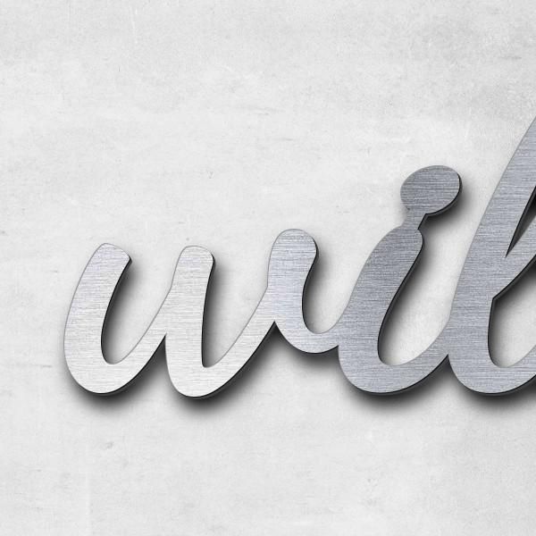 Schriftzug "willkommen", Acryl-Kunststoff in Edelstahl-Optik gebürstet - hochwertig & wetterbeständi