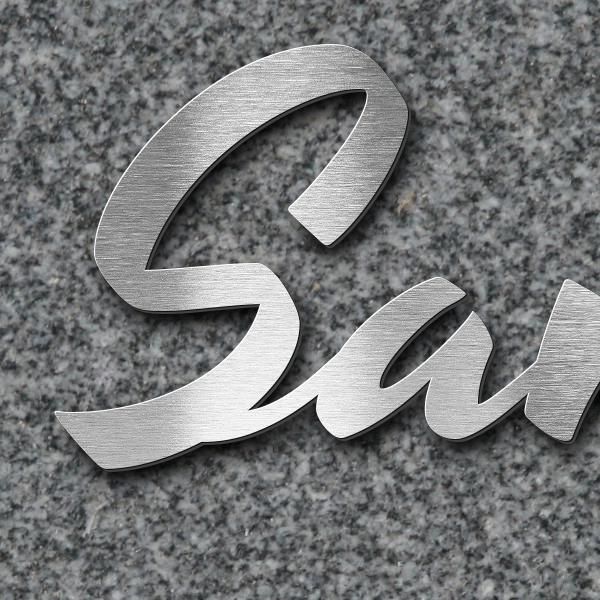 Schriftzug "Samu Lucky" in Schriftart "Retroracer", Edelstahl V2A gebürstet - hochwertig & wetterbes