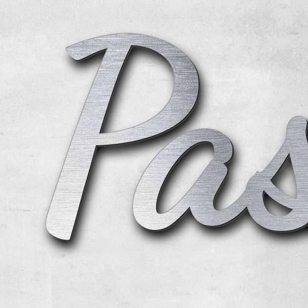 Schriftzug "Pasta to go", Acryl-Kunststoff in Edelstahl-Optik gebürstet - hochwertig & wetterbeständ