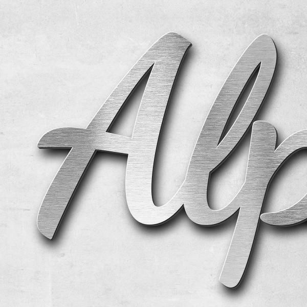 Schriftzug "Alpinium Chalet" in Schriftart "Filigrano", Edelstahl V2A gebürstet - hochwertig & wett