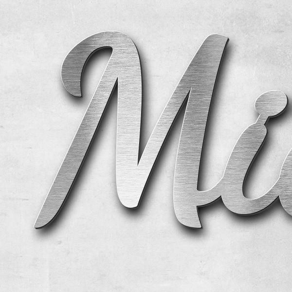 Schriftzug "Michel Bertrand" in Schriftart "Filigrano", Edelstahl V2A gebürstet - hochwertig & wette