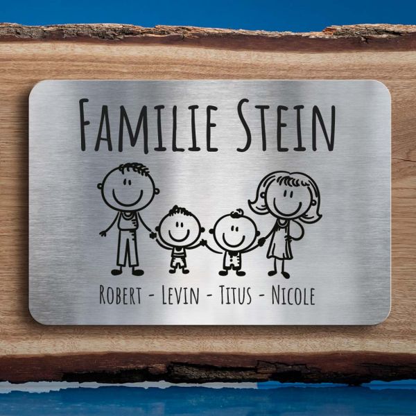 Familien-Türschild Edelstahl, 2 Söhne - Eltern (personalisierbar) - Serie 2