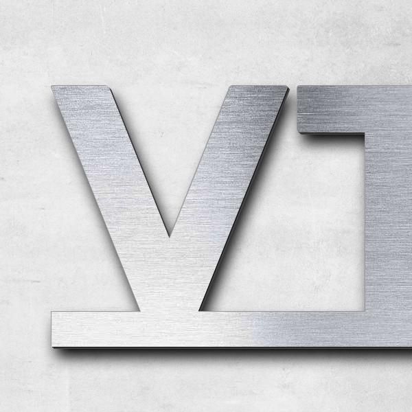 Schriftzug "VTN Group" in Schriftart "Baseline", Acryl-Kunststoff in Edelstahl-Optik gebürstet - hoc