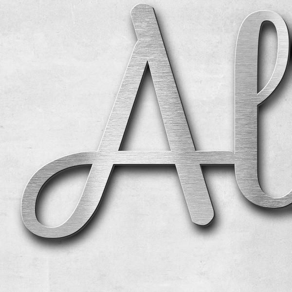 Schriftzug "Alpinium Chalet" in Schriftart "Autumna", Edelstahl V2A gebürstet - hochwertig & wetterb