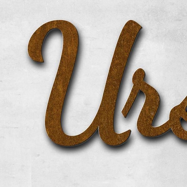 Schriftzug "Ursula" in Schriftart "Filigrano", Cortenstahl voroxidiert - hochwertig & wetterbeständi