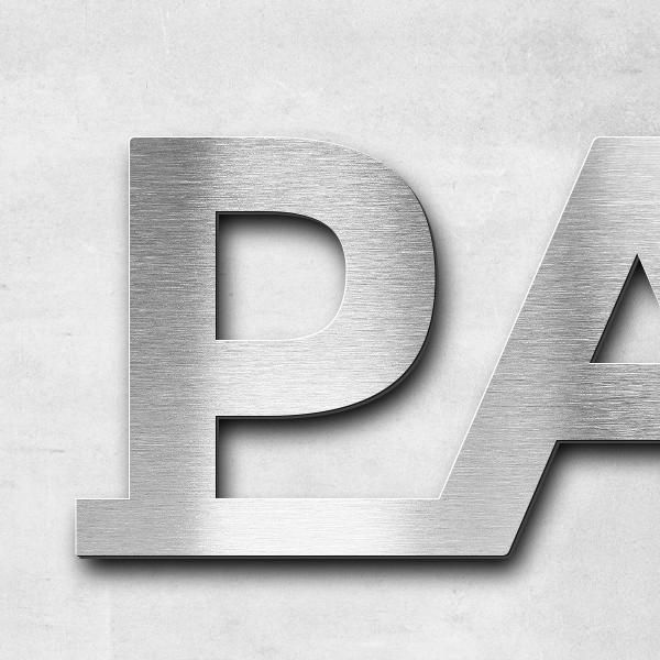 Schriftzug "PAKETBOX ↑↑" in Schriftart "Baseline", Edelstahl V2A gebürstet - hochwertig & wetterbes