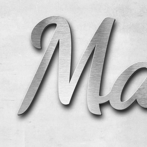Schriftzug "Mark, Niclas" in Schriftart "Filigrano", Edelstahl V2A gebürstet - hochwertig & wetterbe