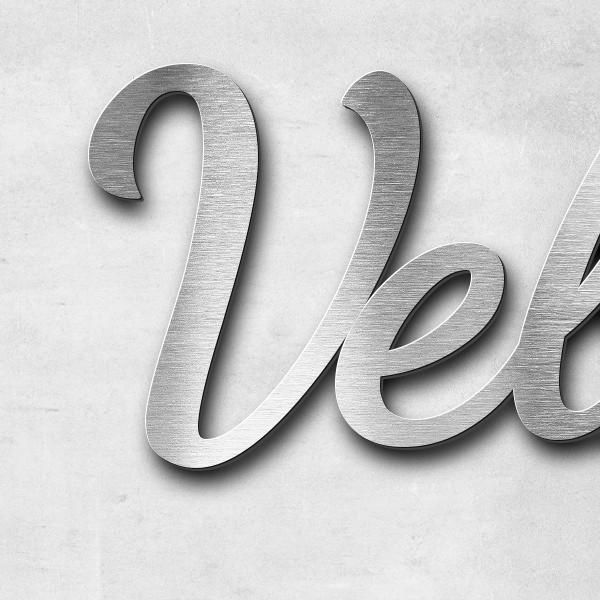 Schriftzug "Veltins" in Schriftart "Filigrano", Edelstahl V2A gebürstet - hochwertig & wetterbeständ