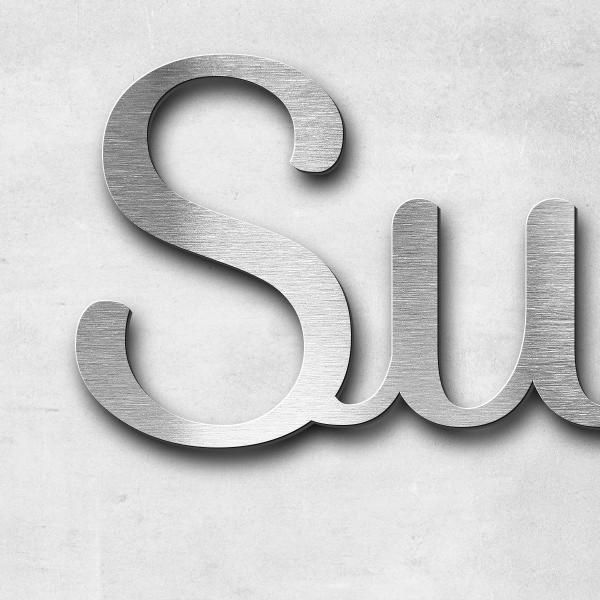 Schriftzug "Sue Glück / Joel Mangold" in Schriftart "Autumna", Edelstahl V4A gebürstet - hochwertig