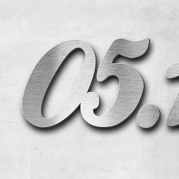 Schriftzug "05.12.2025" in Schriftart "Ballpark", Edelstahl V2A gebürstet - hochwertig & wetterbestä