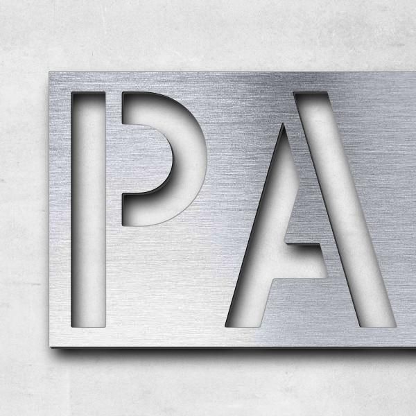 Schriftzug "Paket" in Schriftart "Blash", Acryl-Kunststoff in Edelstahl-Optik gebürstet - hochwertig