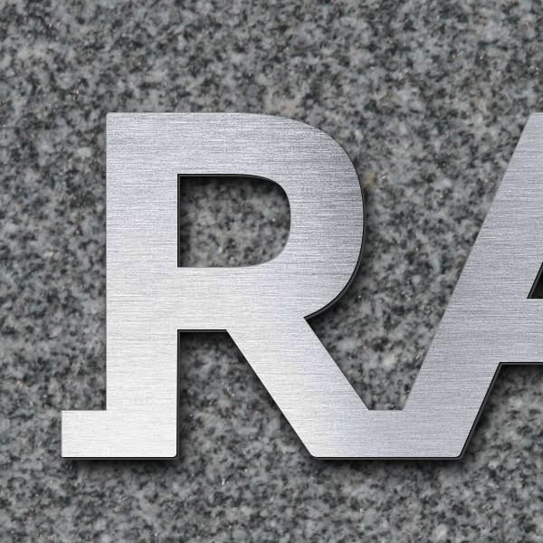 Schriftzug "RAMSTEIN" in Schriftart "Baseline", Acryl-Kunststoff in Edelstahl-Optik gebürstet - hoch
