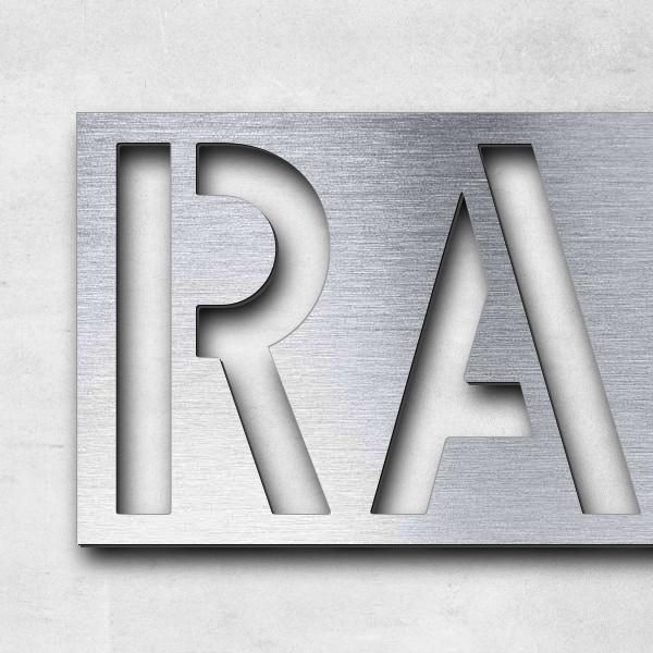 Schriftzug "RAMSTEIN" in Schriftart "Blash", Acryl-Kunststoff in Edelstahl-Optik gebürstet - hochwer