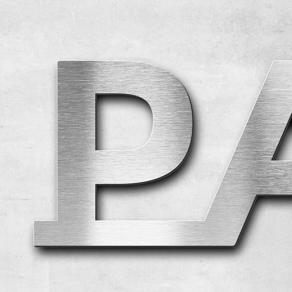 Schriftzug "paketbox ↑↑" in Schriftart "Baseline", Edelstahl V2A gebürstet - hochwertig & wetterbest