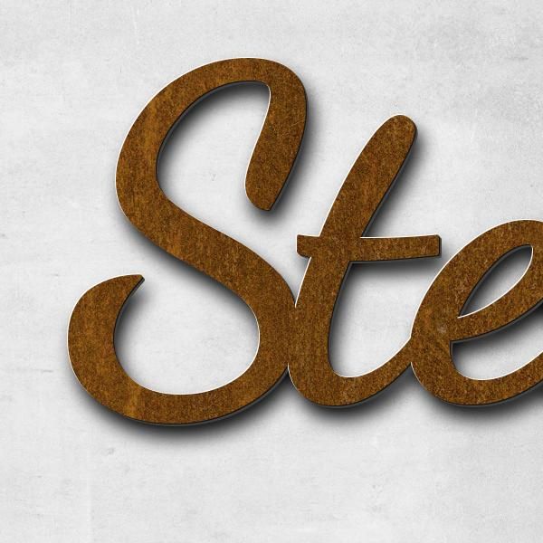 Schriftzug "Stemmler" in Schriftart "Filigrano", Cortenstahl voroxidiert - hochwertig & wetterbestän