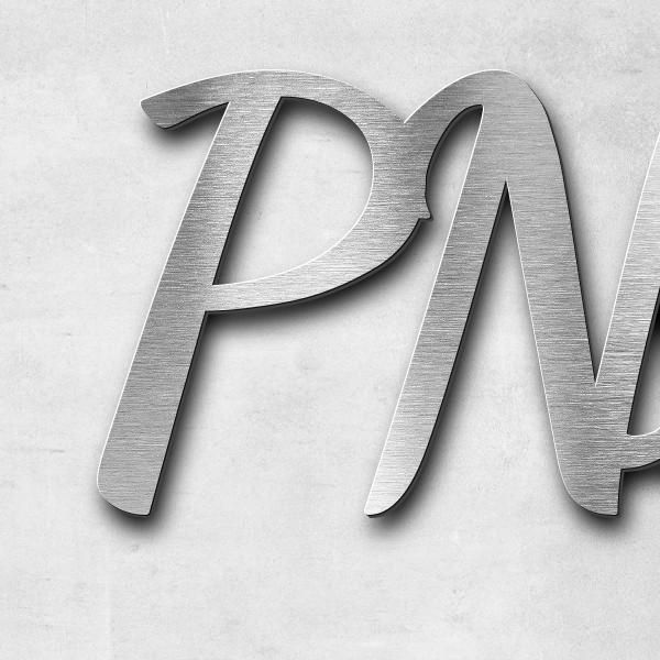 Schriftzug "PN_Feuerwerk" in Schriftart "Filigrano", Edelstahl V2A gebürstet - hochwertig & wetterbe