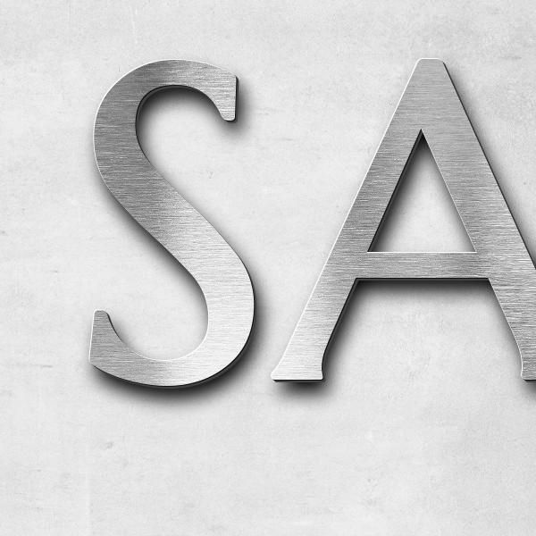 Schriftzug "SAM" in Schriftart "Eternitas", Edelstahl V2A gebürstet - hochwertig & wetterbeständig