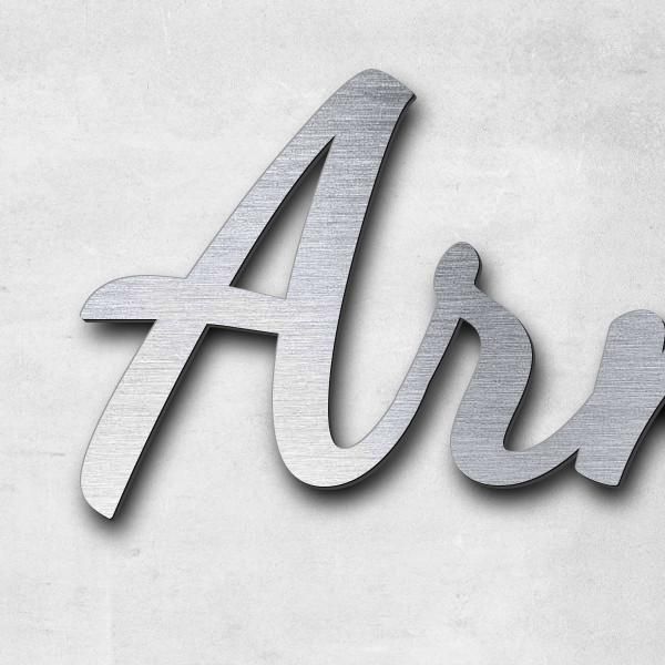 Schriftzug "Armas Orbe" in Schriftart "Filigrano", Acryl-Kunststoff in Edelstahl-Optik gebürstet - h