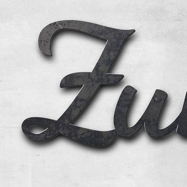 Schriftzug "Zum Ännchen" in Schriftart "Filigrano", Cortenstahl unbehandelt - hochwertig & wetterbes