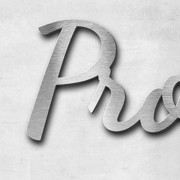 Schriftzug "Prof. Kocher" in Schriftart "Filigrano", Edelstahl V2A gebürstet - hochwertig & wetterbe