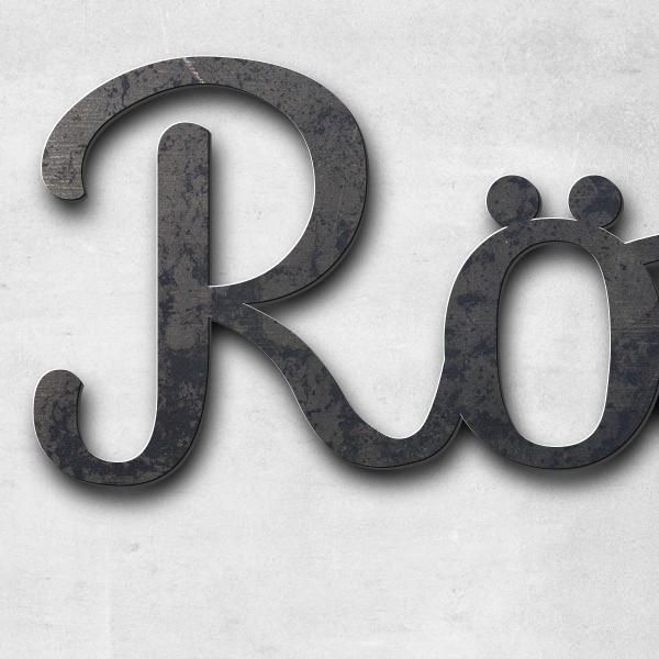 Schriftzug "Rösterei - Café - Schule" in Schriftart "Autumna", Cortenstahl unbehandelt - hochwertig