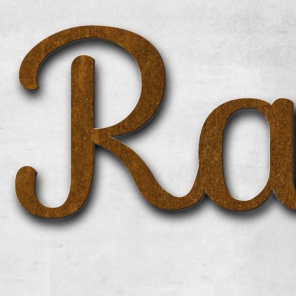 Schriftzug "Rasen-Gräber" in Schriftart "Autumna", Cortenstahl voroxidiert - hochwertig & wetterbest