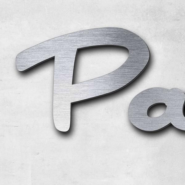 Schriftzug "Paddington" in Schriftart "Lilly", Acryl-Kunststoff in Edelstahl-Optik gebürstet - hochw