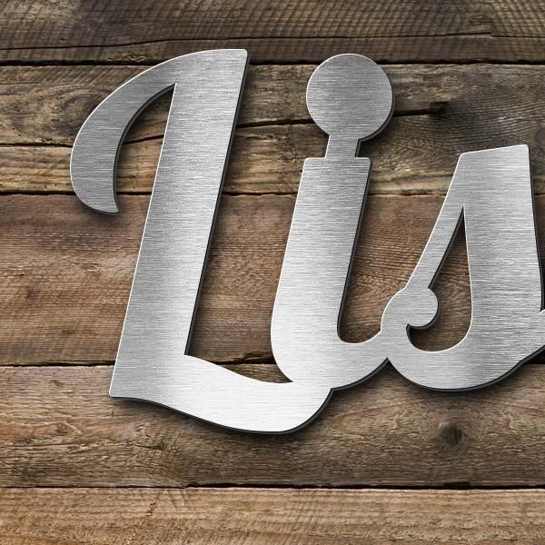 Schriftzug "Lisa 1935 - 2025" in Schriftart "Catdog", Edelstahl V2A gebürstet - hochwertig & wetterb