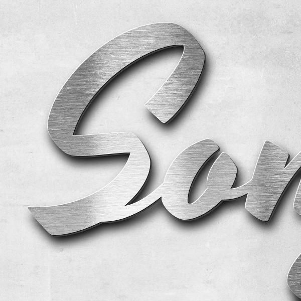 Schriftzug "Sonja & Sönke" in Schriftart "Retroracer", Edelstahl V2A gebürstet - hochwertig & wetter