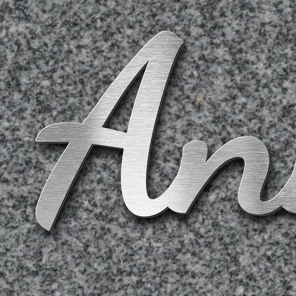 Schriftzug "Anna Stoderegger" in Schriftart "Filigrano", Edelstahl V2A gebürstet - hochwertig & wett