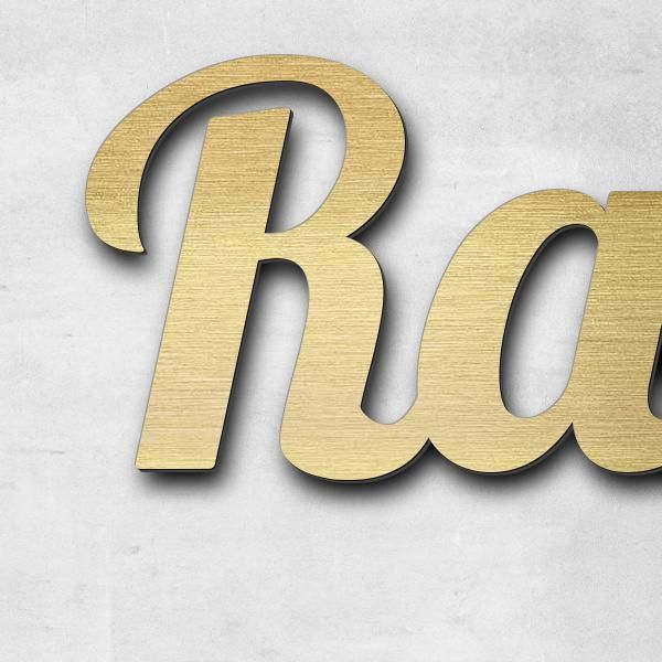 Schriftzug "Rasen-Gräber" in Schriftart "Catdog", Acryl-Kunststoff in Messing-Optik gebürstet - hoch