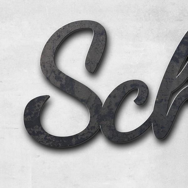 Schriftzug "Schwaighubhof" in Schriftart "Filigrano", Cortenstahl unbehandelt - hochwertig & wetterb