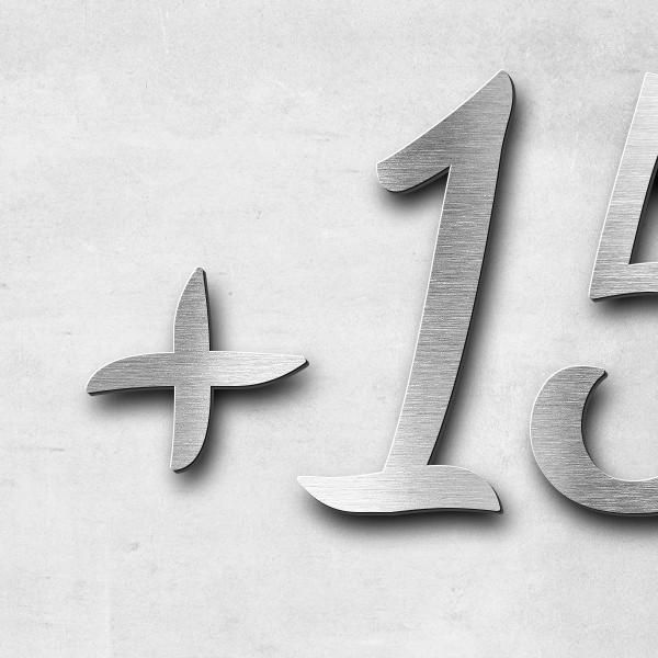 Schriftzug "+15.02.24" in Schriftart "Filigrano", Edelstahl V2A gebürstet - hochwertig & wetterbestä