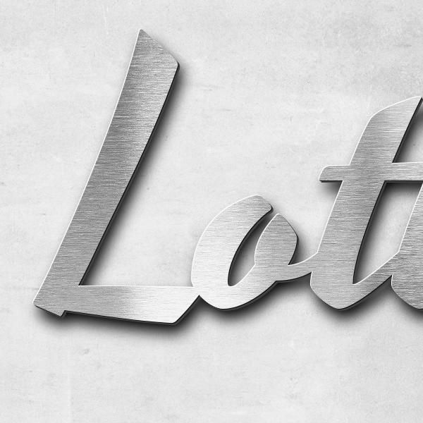 Schriftzug "Lotte" in Schriftart "Retroracer", Edelstahl V2A gebürstet - hochwertig & wetterbeständi