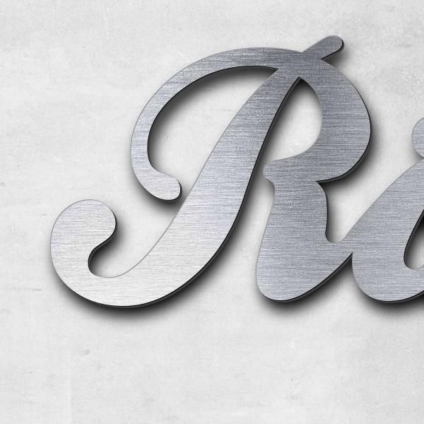 Schriftzug "Römerkeller" in Schriftart "Ballpark", Acryl-Kunststoff in Edelstahl-Optik gebürstet - h