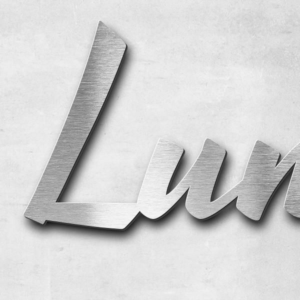 Schriftzug "Lumpi" in Schriftart "Retroracer", Edelstahl V2A gebürstet - hochwertig & wetterbeständi