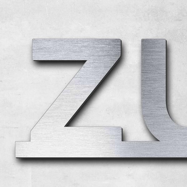 Schriftzug "Zur Ziegelei 20", Acryl-Kunststoff in Edelstahl-Optik gebürstet - hochwertig & wetterbes